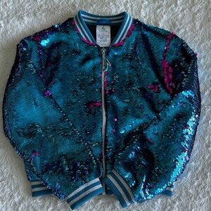 Disney girls size 5-6 blue pink flip sequin Cinderella bomber jacket zip up cute